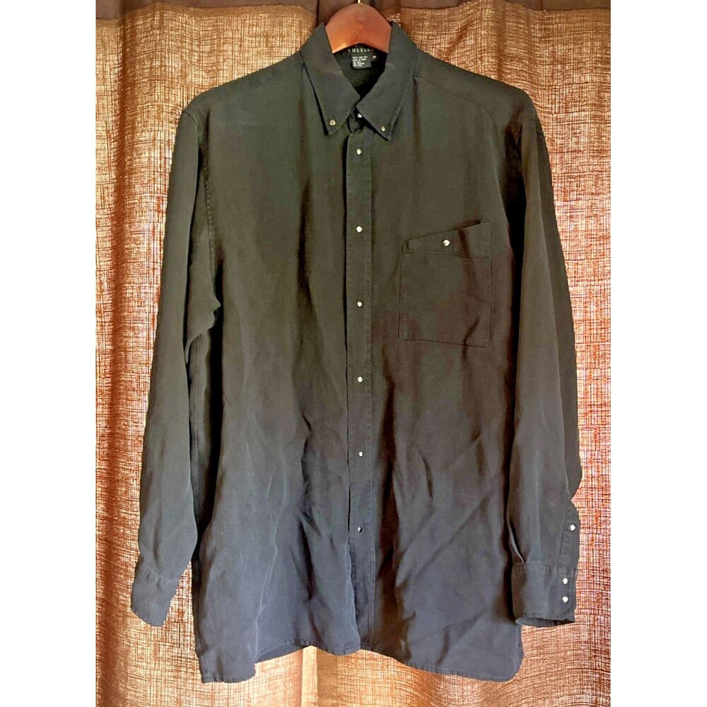 Tulliano Button Down Shirt Mens Medium Black 100% Silk Waffle Weave Long Sleeve